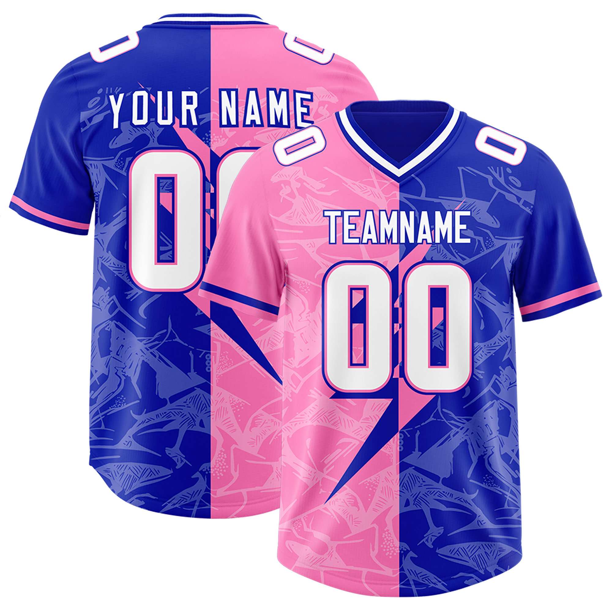 Custom Royal Pink Split Personalized Lightning Pattern American Football Jersey