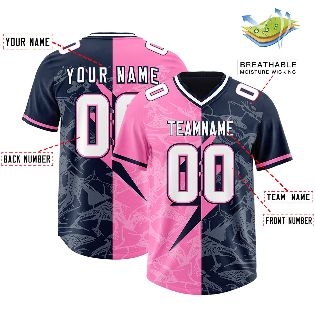 Custom Navy Pink Split Personalized Lightning Pattern American Football Jersey