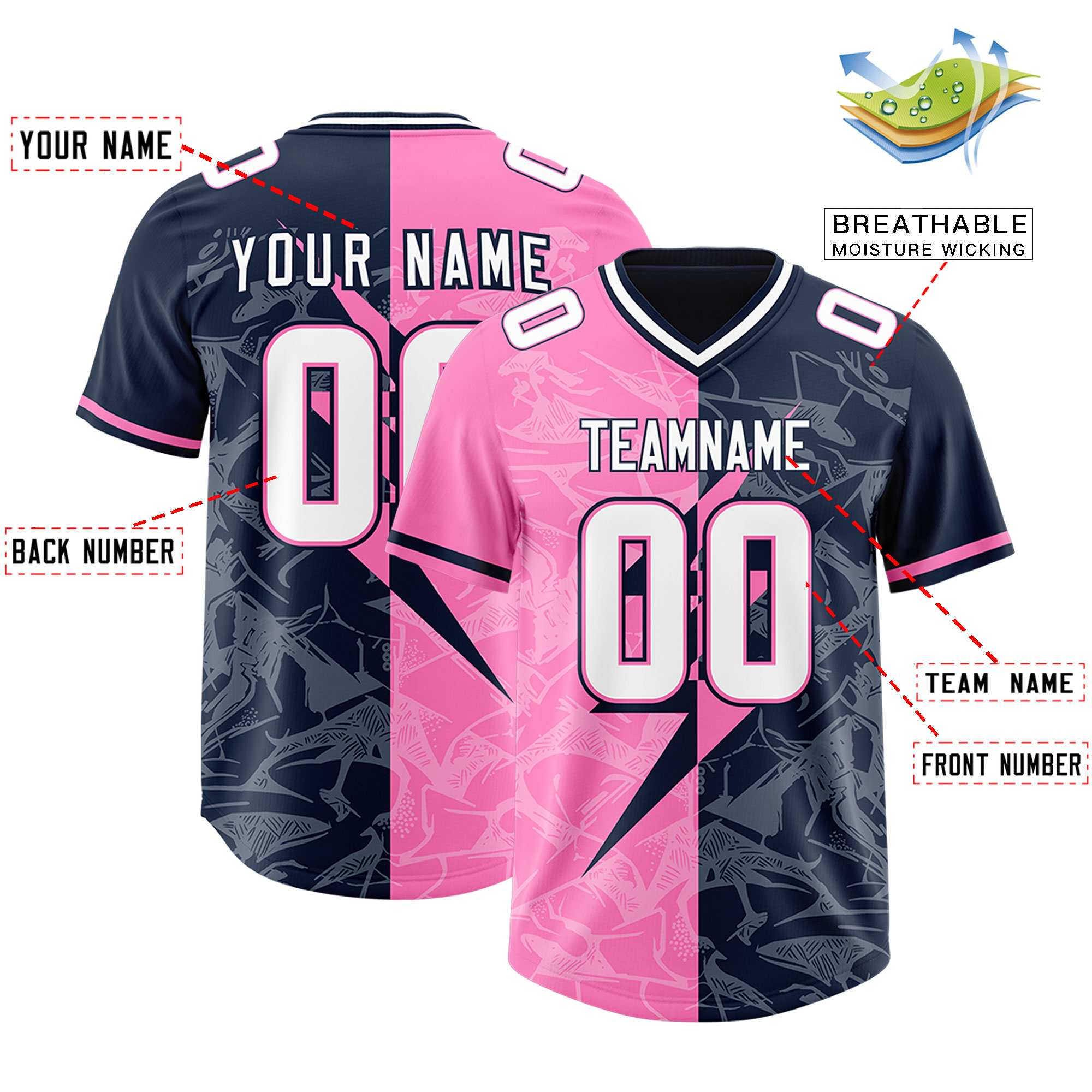 Custom Navy Pink Split Personalized Lightning Pattern American Football Jersey