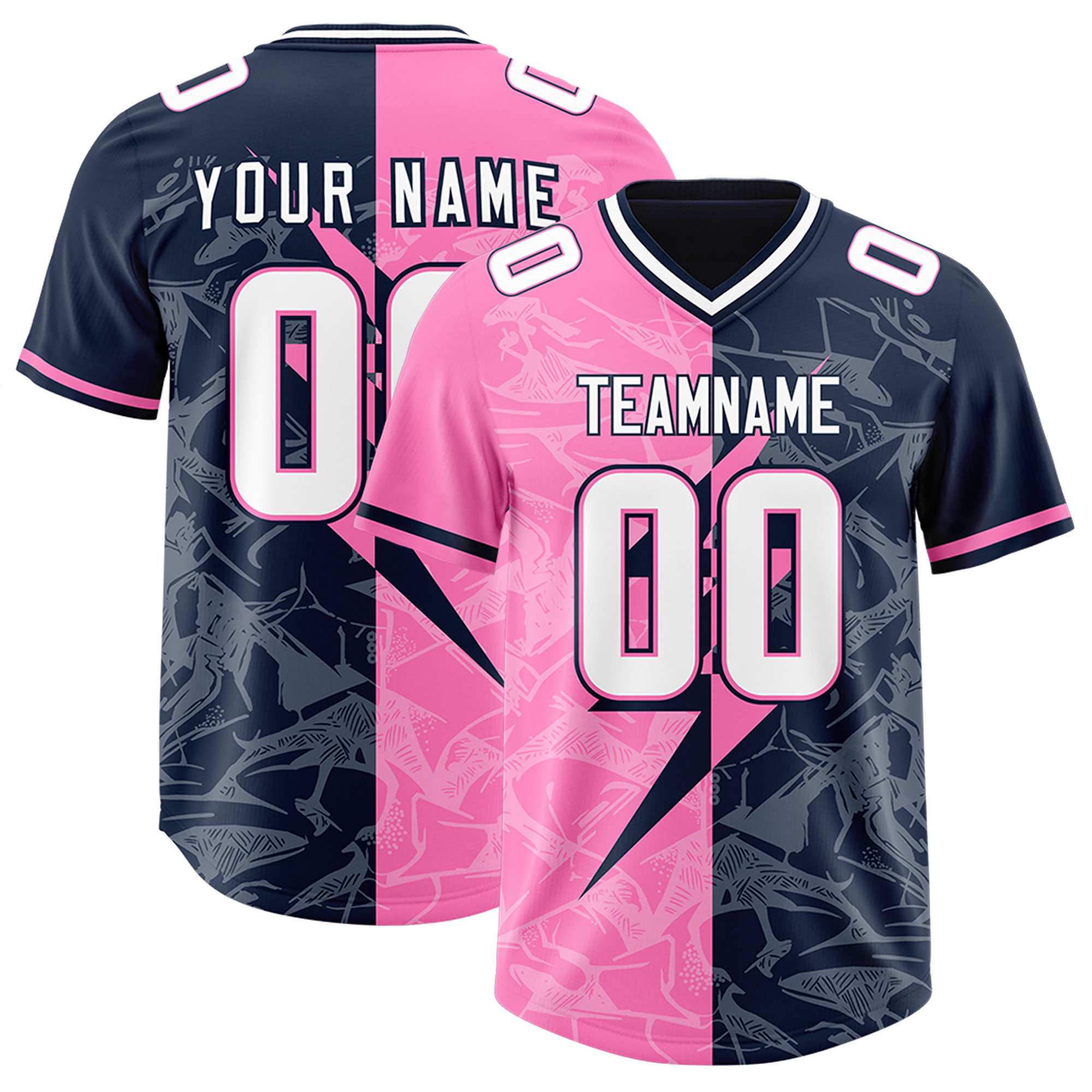Custom Navy Pink Split Personalized Lightning Pattern American Football Jersey