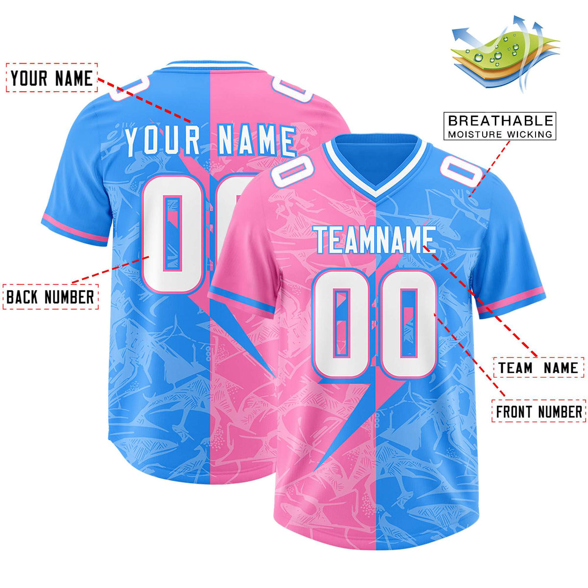 Custom Light Blue Pink Split Personalized Lightning Pattern American Football Jersey