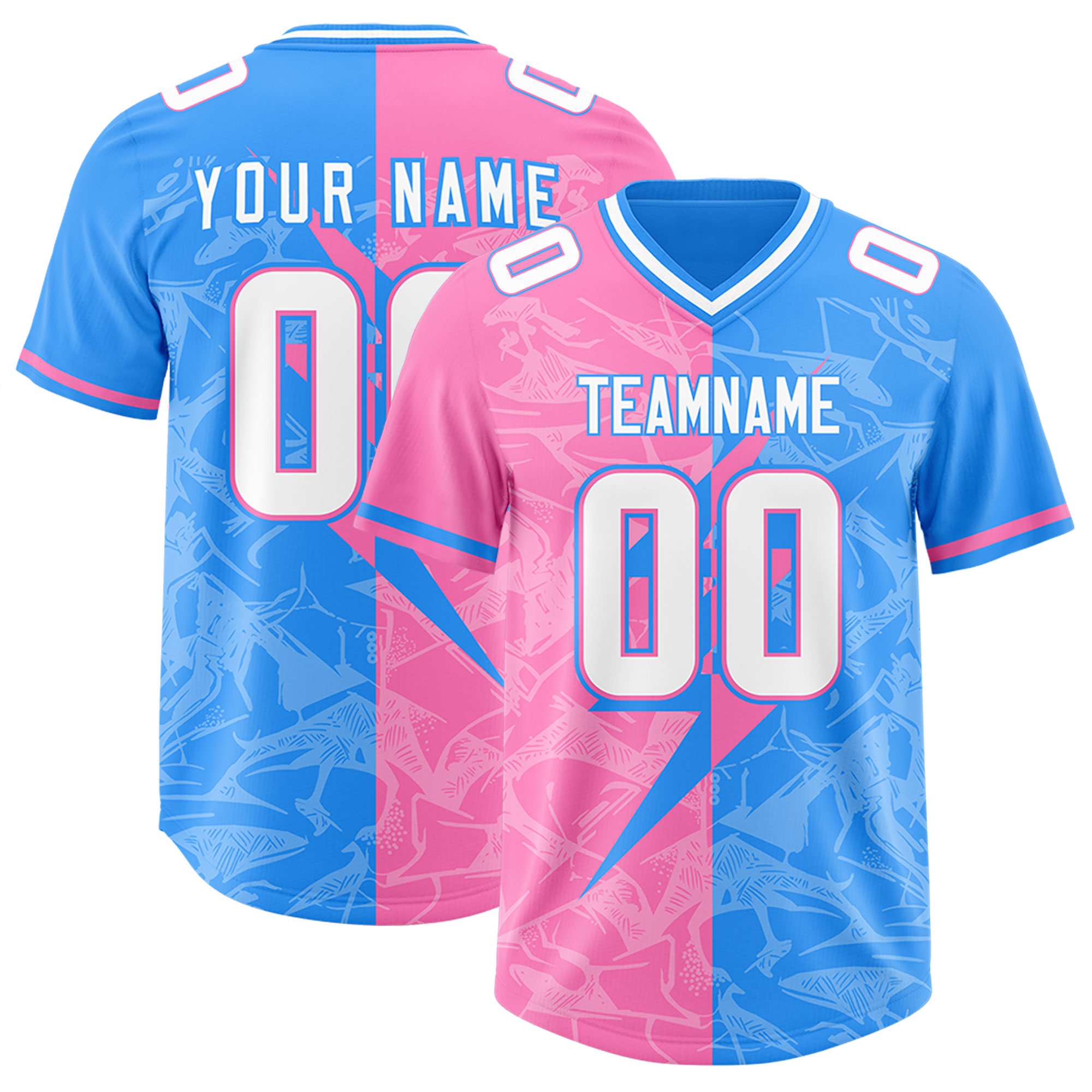 Custom Light Blue Pink Split Personalized Lightning Pattern American Football Jersey