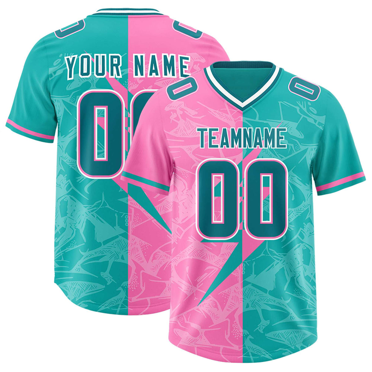 Custom Aqua Pink Split Personalized Lightning Pattern American Football Jersey