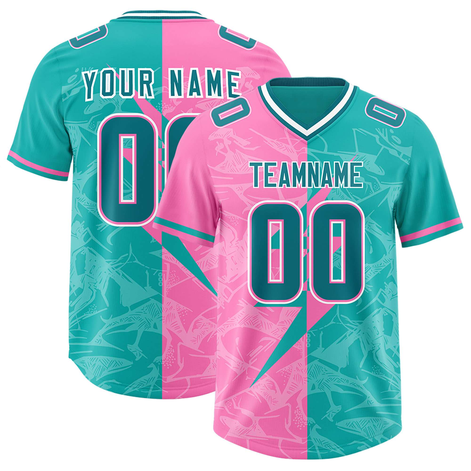 Custom Aqua Pink Split Personalized Lightning Pattern American Football Jersey