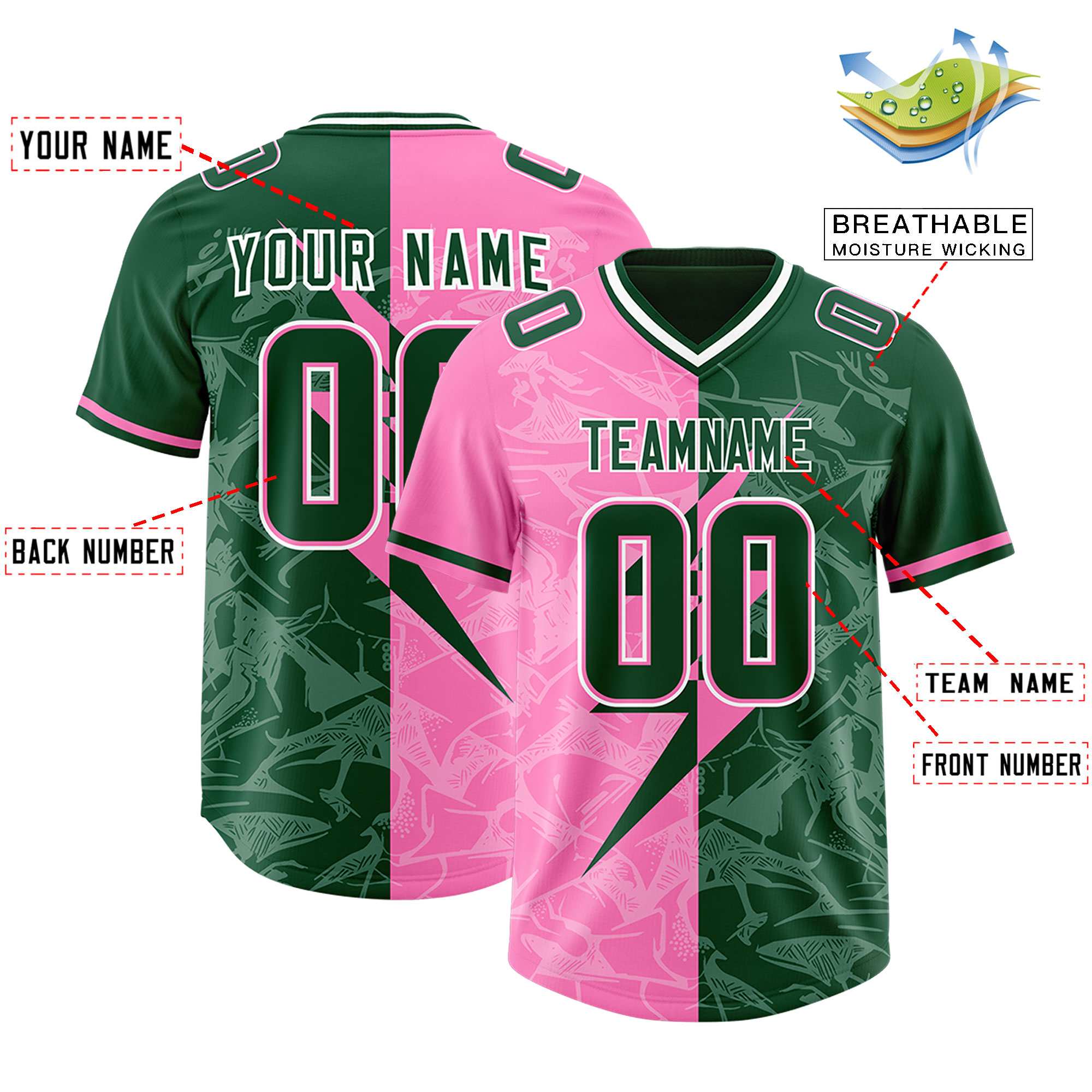 Custom Pink Green Split Personalized Lightning Pattern American Football Jersey