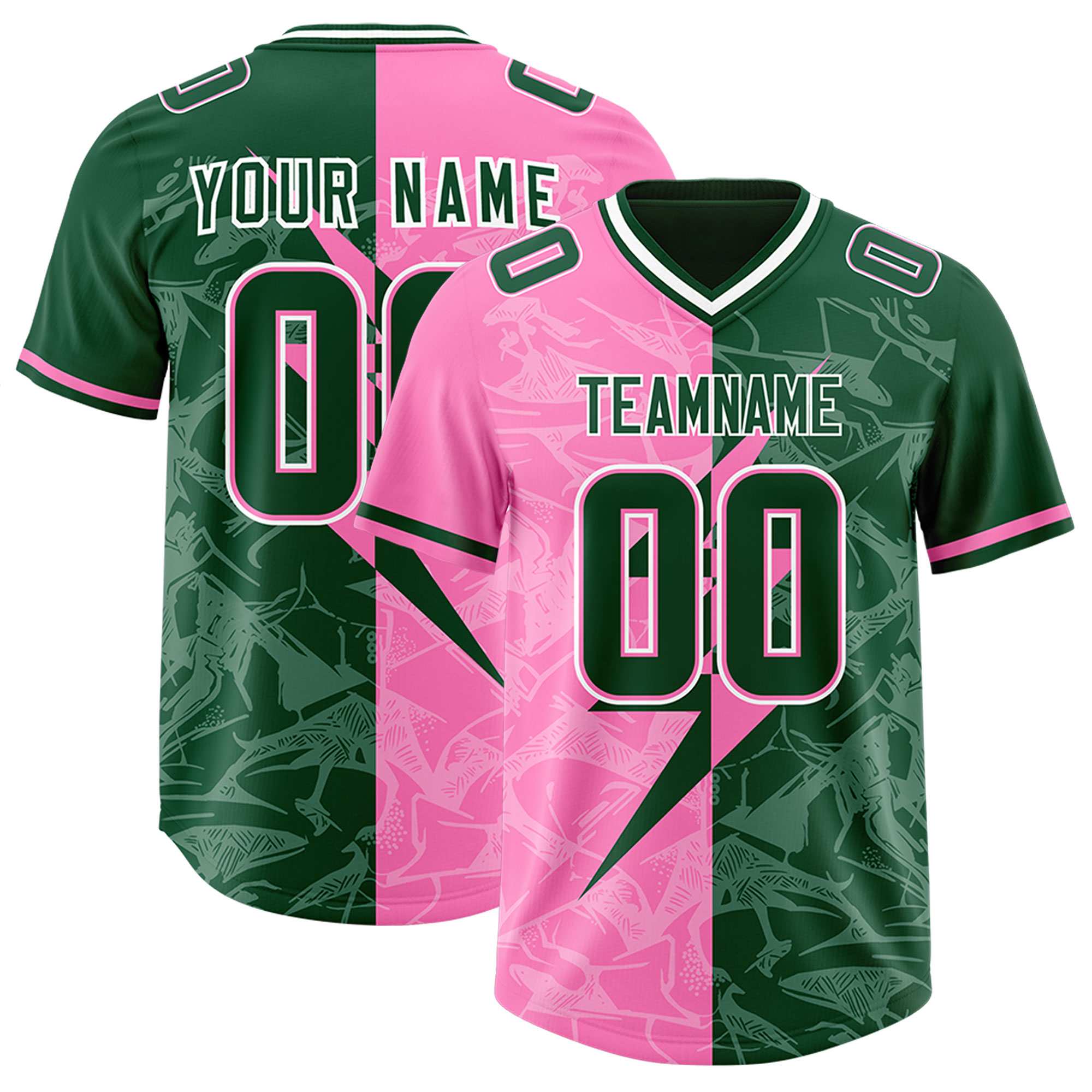Custom Pink Green Split Personalized Lightning Pattern American Football Jersey