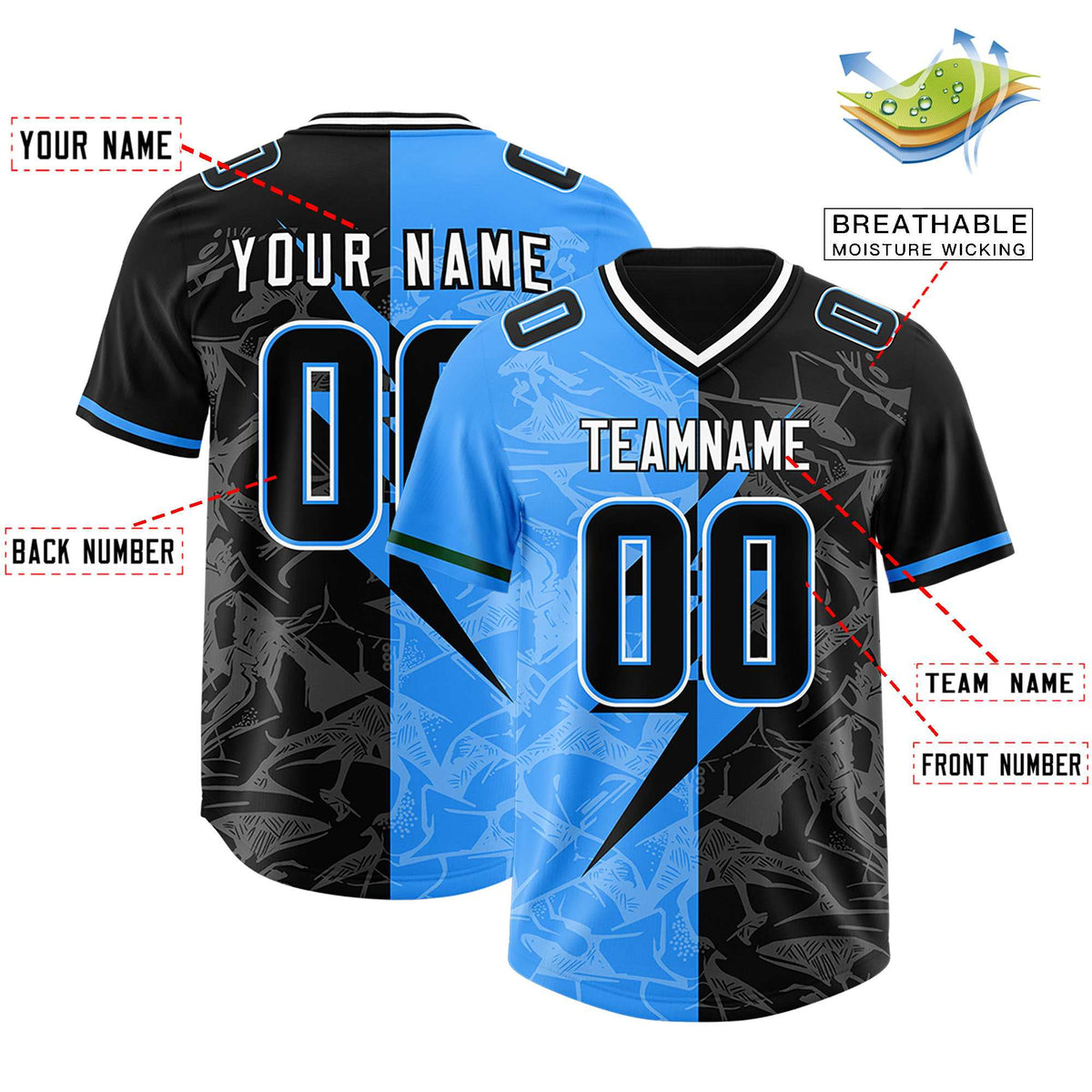 Custom Black Light Blue Split Personalized Lightning Pattern American Football Jersey