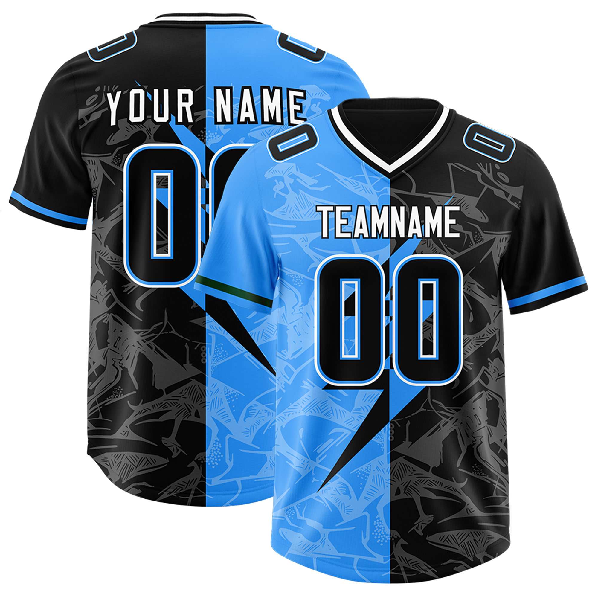 Custom Black Light Blue Split Personalized Lightning Pattern American Football Jersey