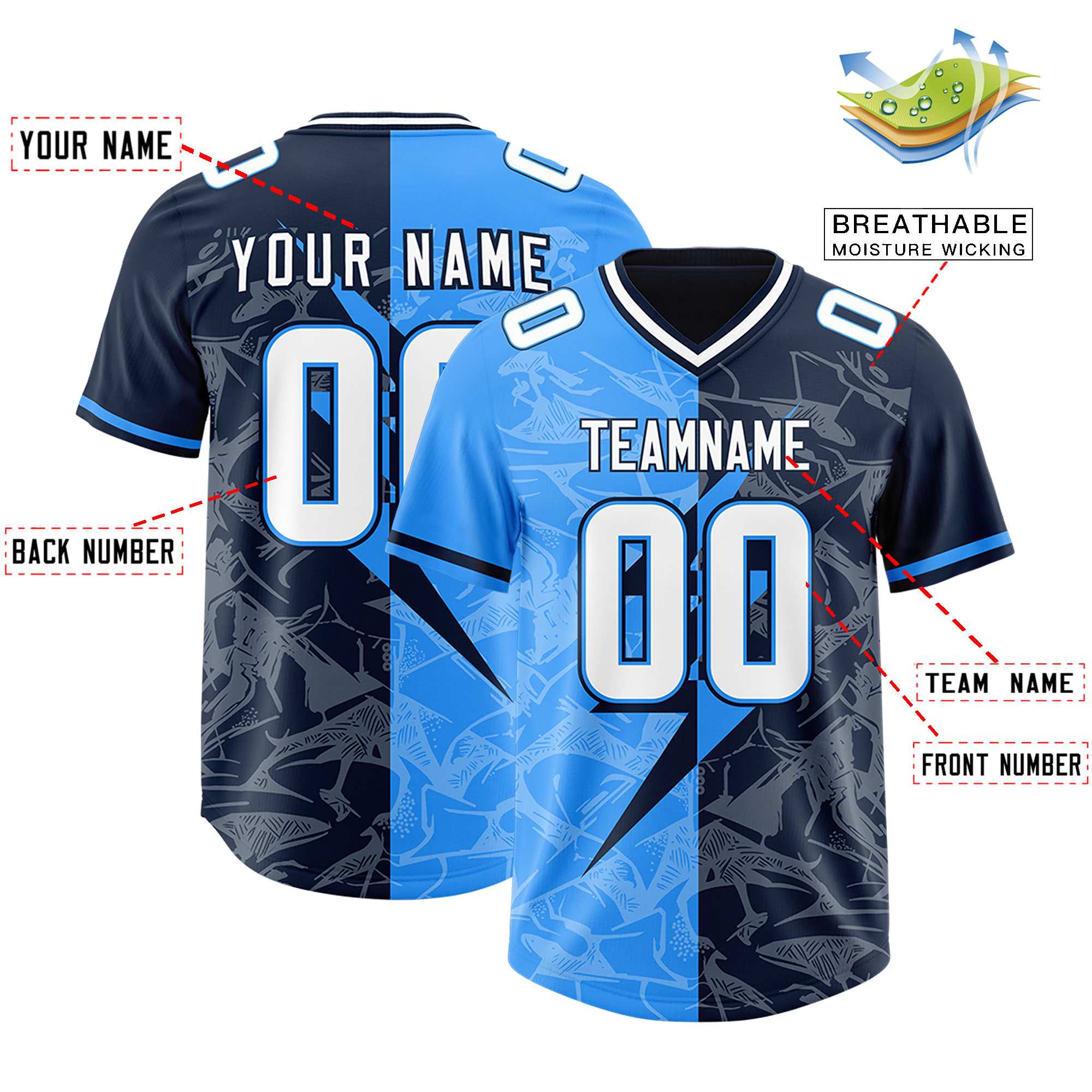 Custom Navy Light Blue Split Personalized Lightning Pattern American Football Jersey