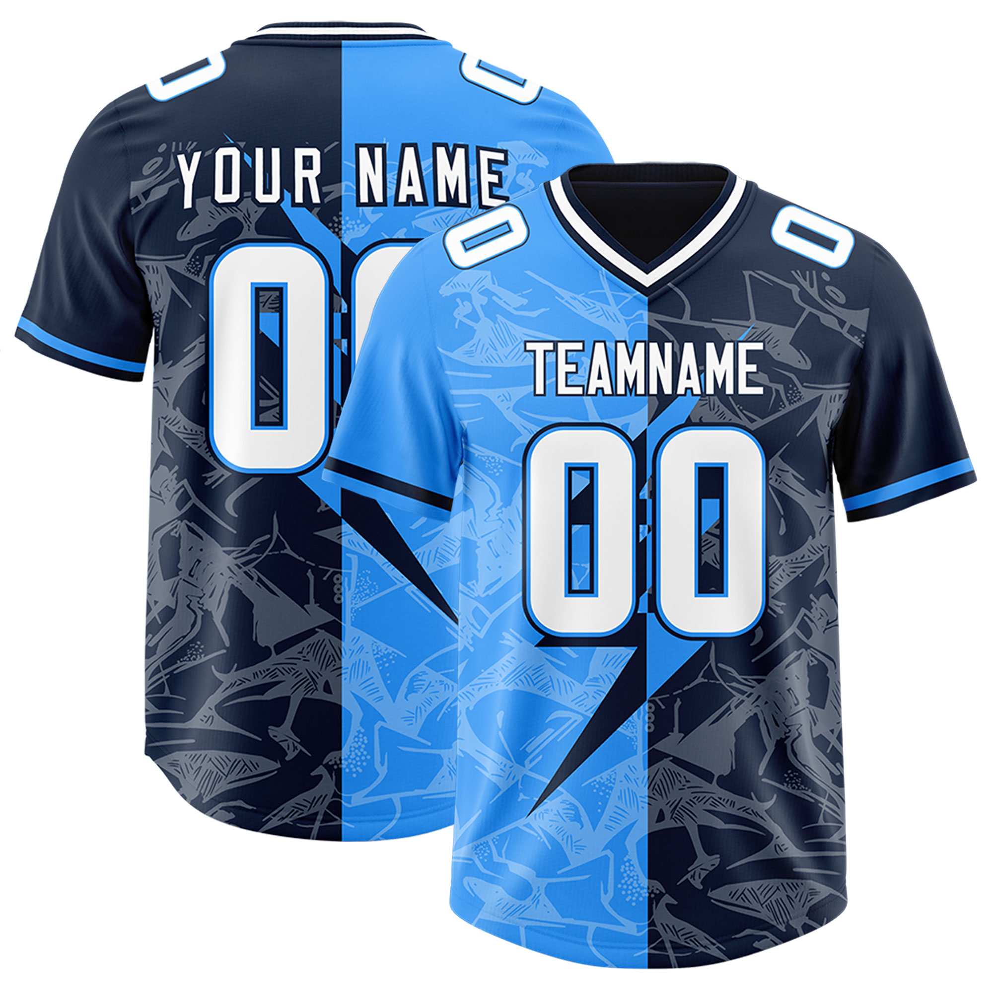 Custom Navy Light Blue Split Personalized Lightning Pattern American Football Jersey