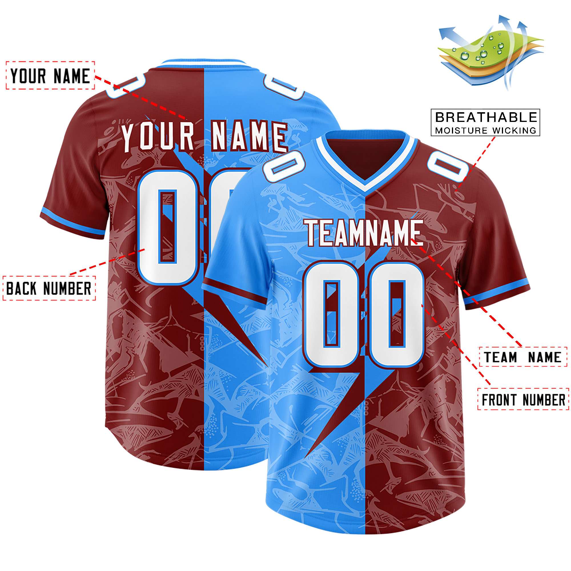Custom Crimson Light Blue Split Personalized Lightning Pattern American Football Jersey