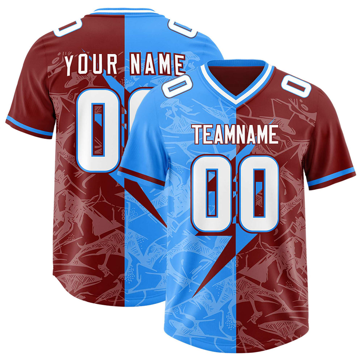 Custom Crimson Light Blue Split Personalized Lightning Pattern American Football Jersey