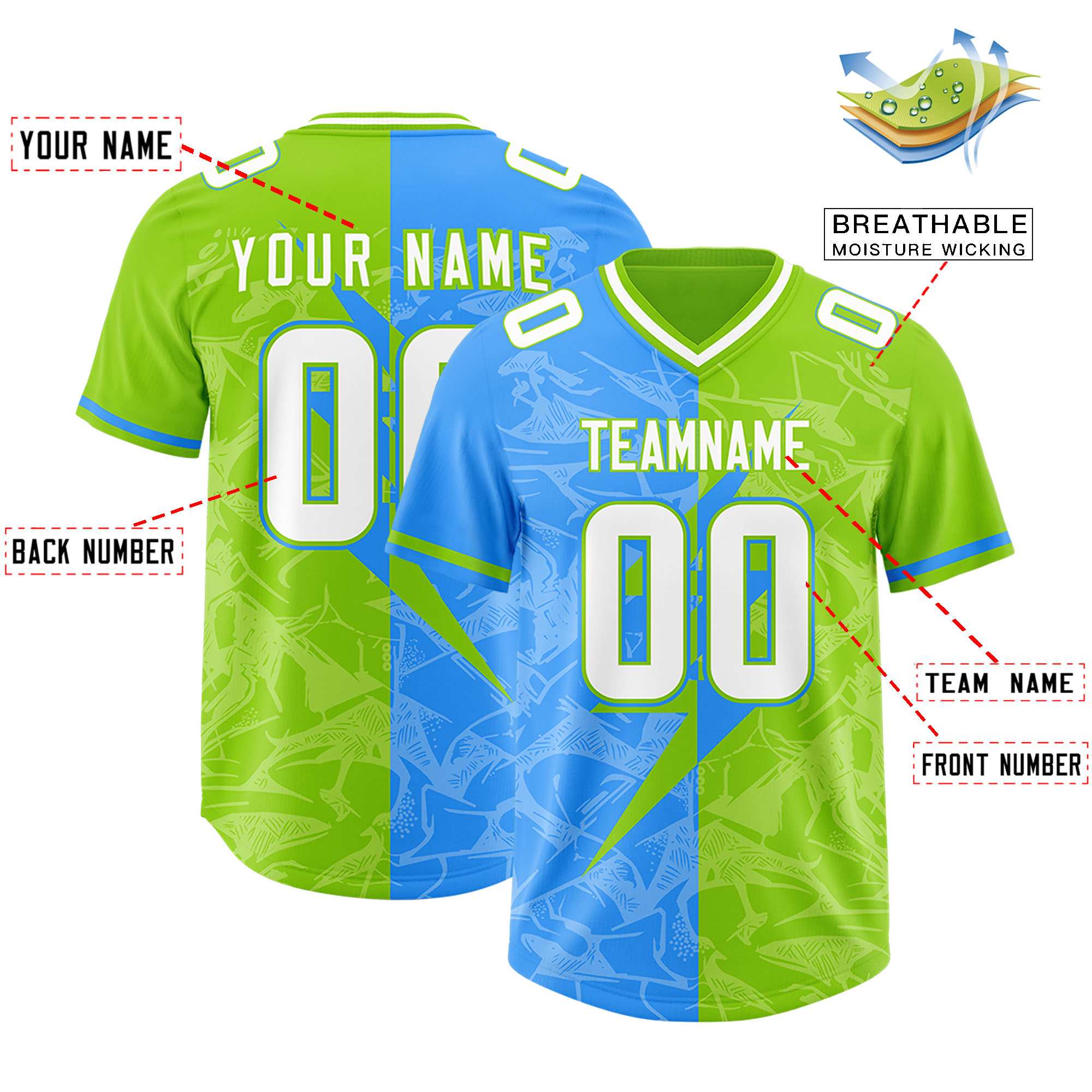 Custom Neon Green Light Blue Split Personalized Lightning Pattern American Football Jersey