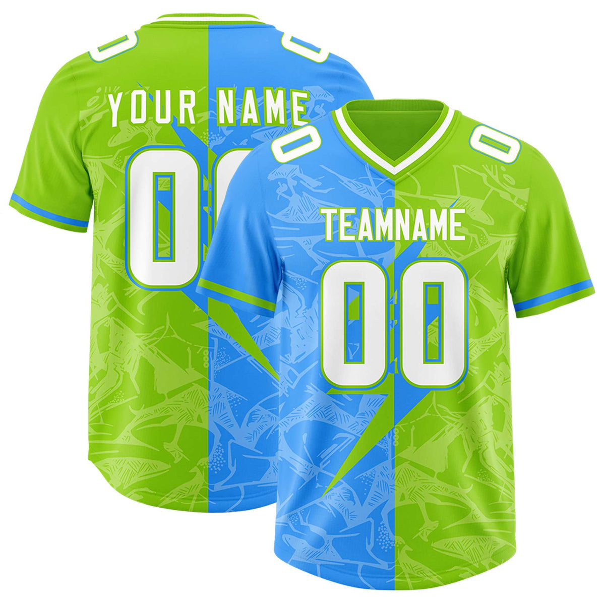 Custom Neon Green Light Blue Split Personalized Lightning Pattern American Football Jersey