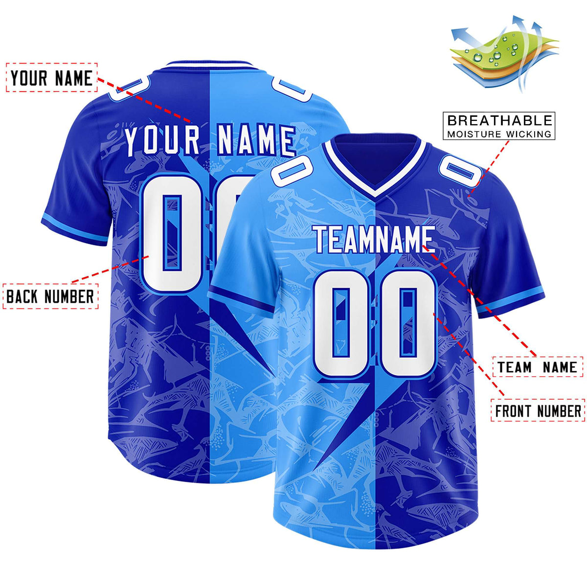Custom Royal Light Blue Split Personalized Lightning Pattern American Football Jersey
