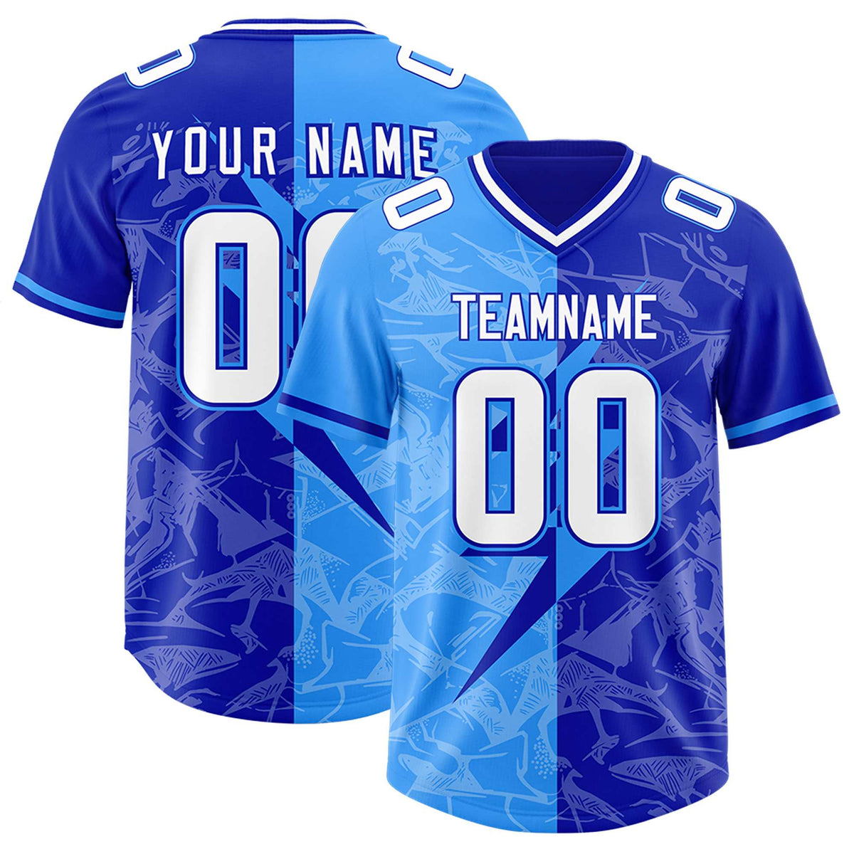 Custom Royal Light Blue Split Personalized Lightning Pattern American Football Jersey
