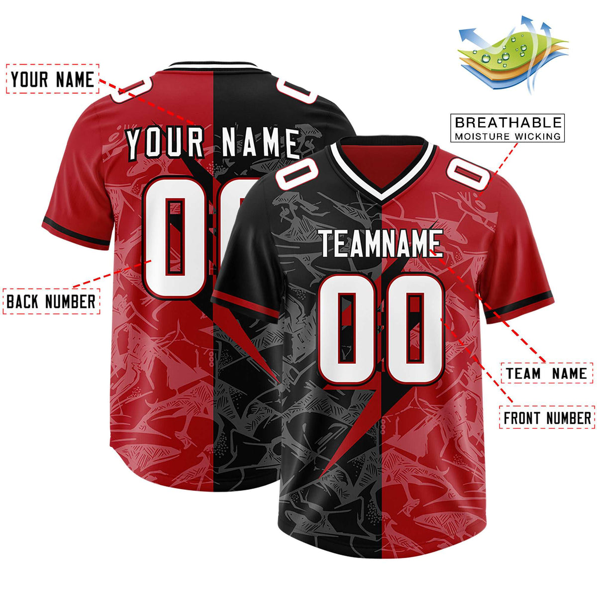 Custom Black Red Split Personalized Lightning Pattern American Football Jersey