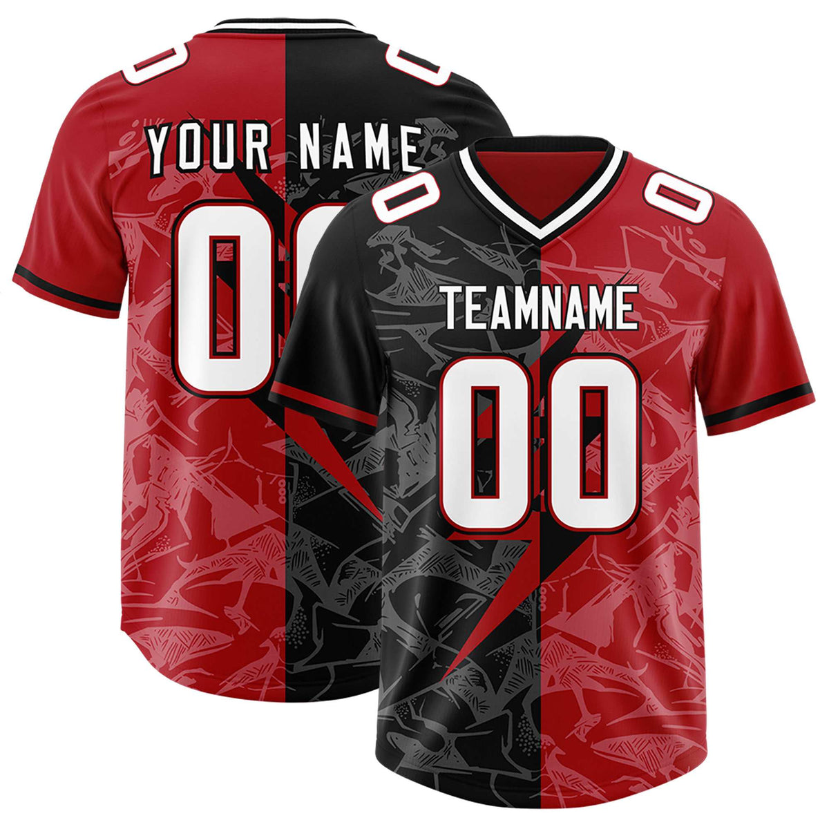 Custom Black Red Split Personalized Lightning Pattern American Football Jersey