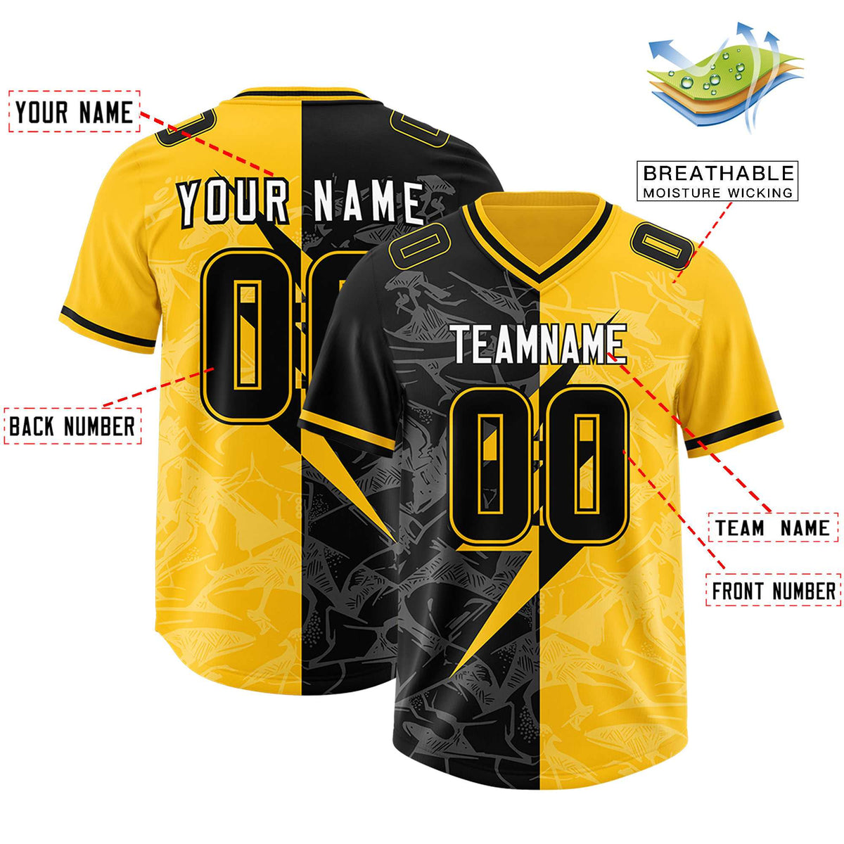 Custom Yellow Black Split Personalized Lightning Pattern American Football Jersey