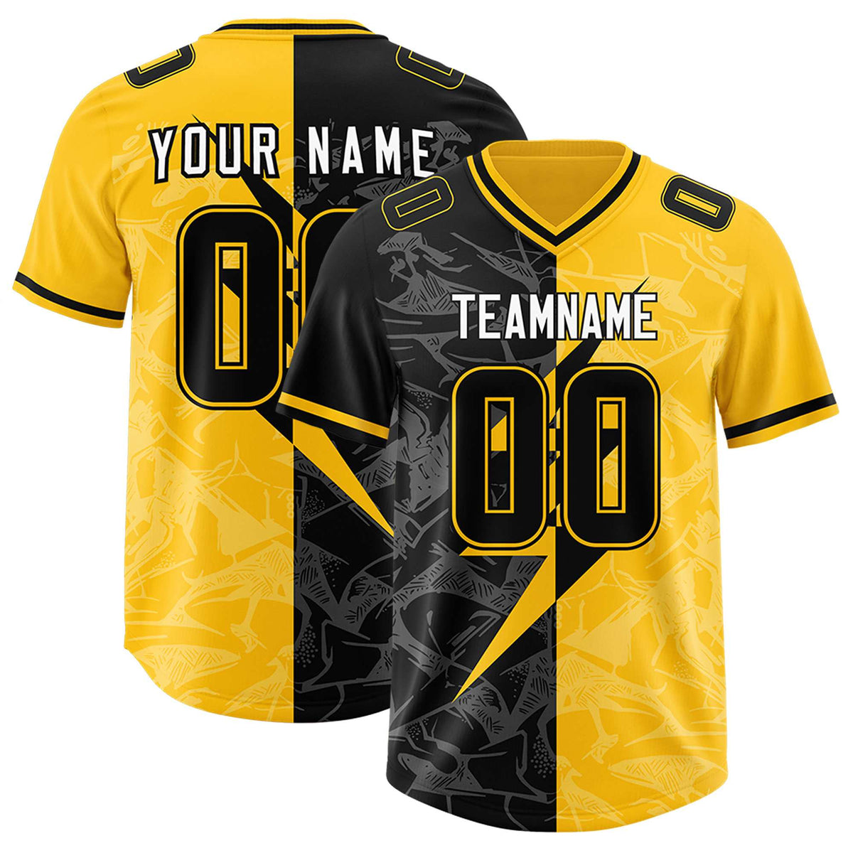 Custom Yellow Black Split Personalized Lightning Pattern American Football Jersey