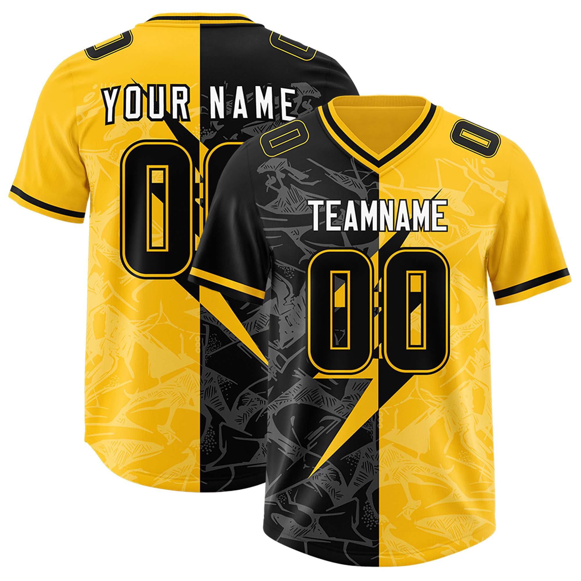 Custom Yellow Black Split Personalized Lightning Pattern American Football Jersey