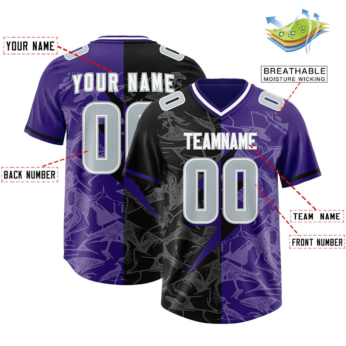 Custom Purple Black Split Personalized Lightning Pattern American Football Jersey