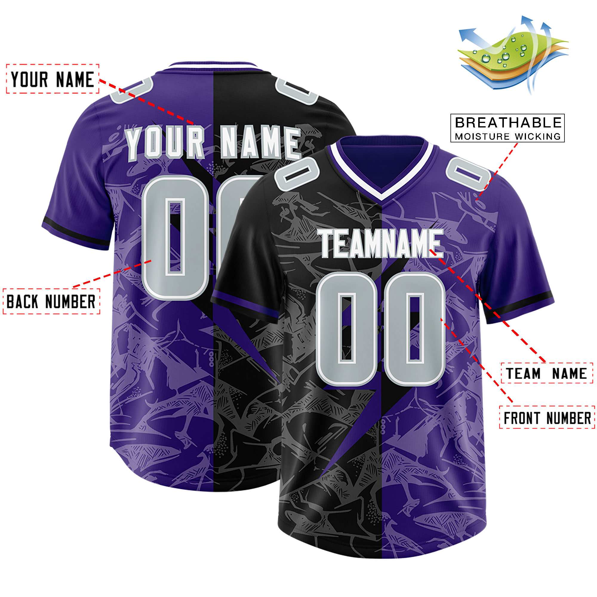 Custom Purple Black Split Personalized Lightning Pattern American Football Jersey