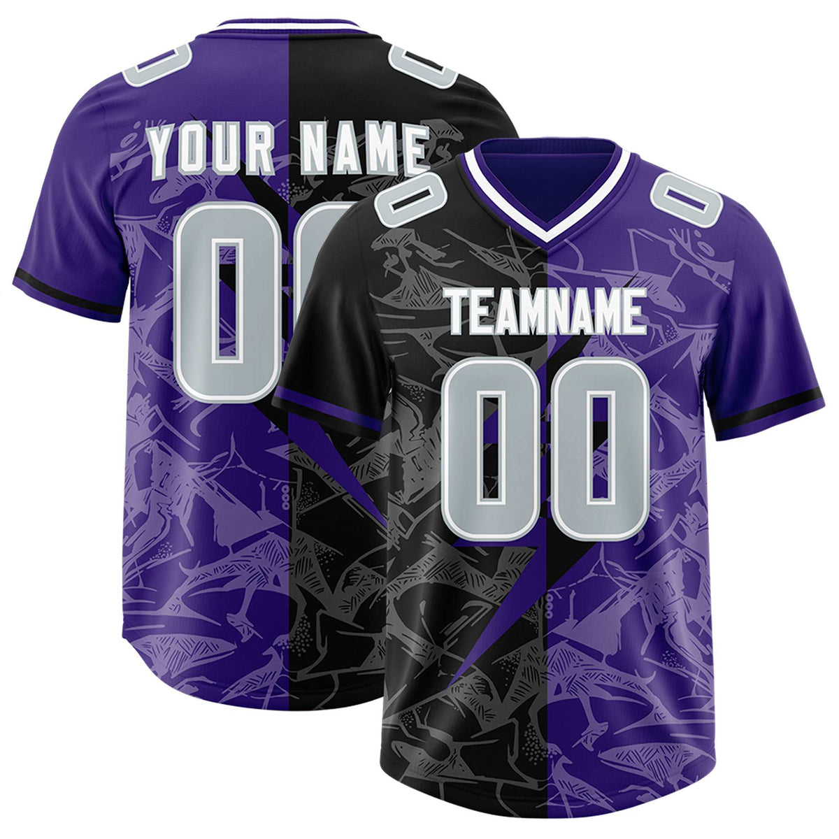 Custom Purple Black Split Personalized Lightning Pattern American Football Jersey