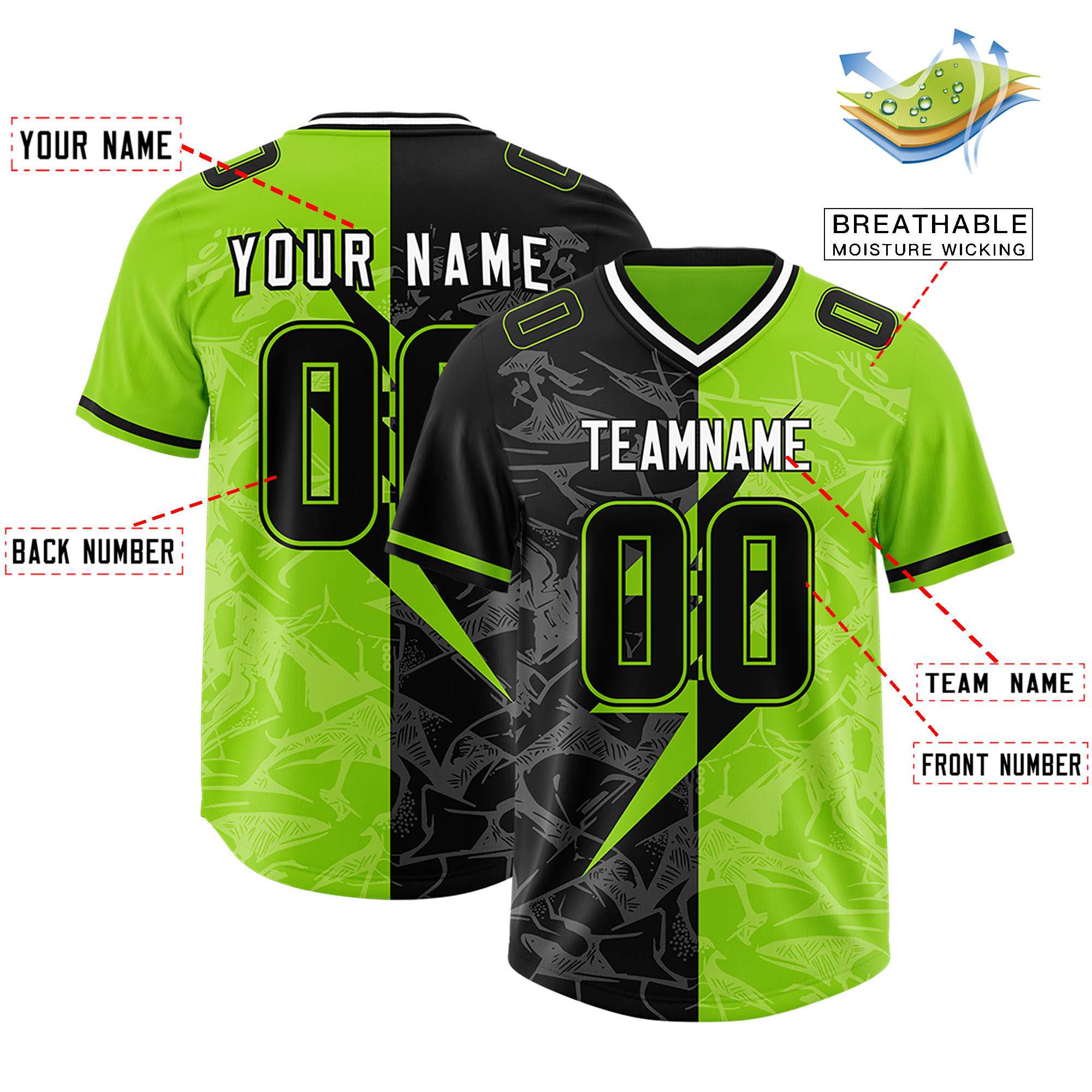 Custom Neon Green Black Split Personalized Lightning Pattern American Football Jersey