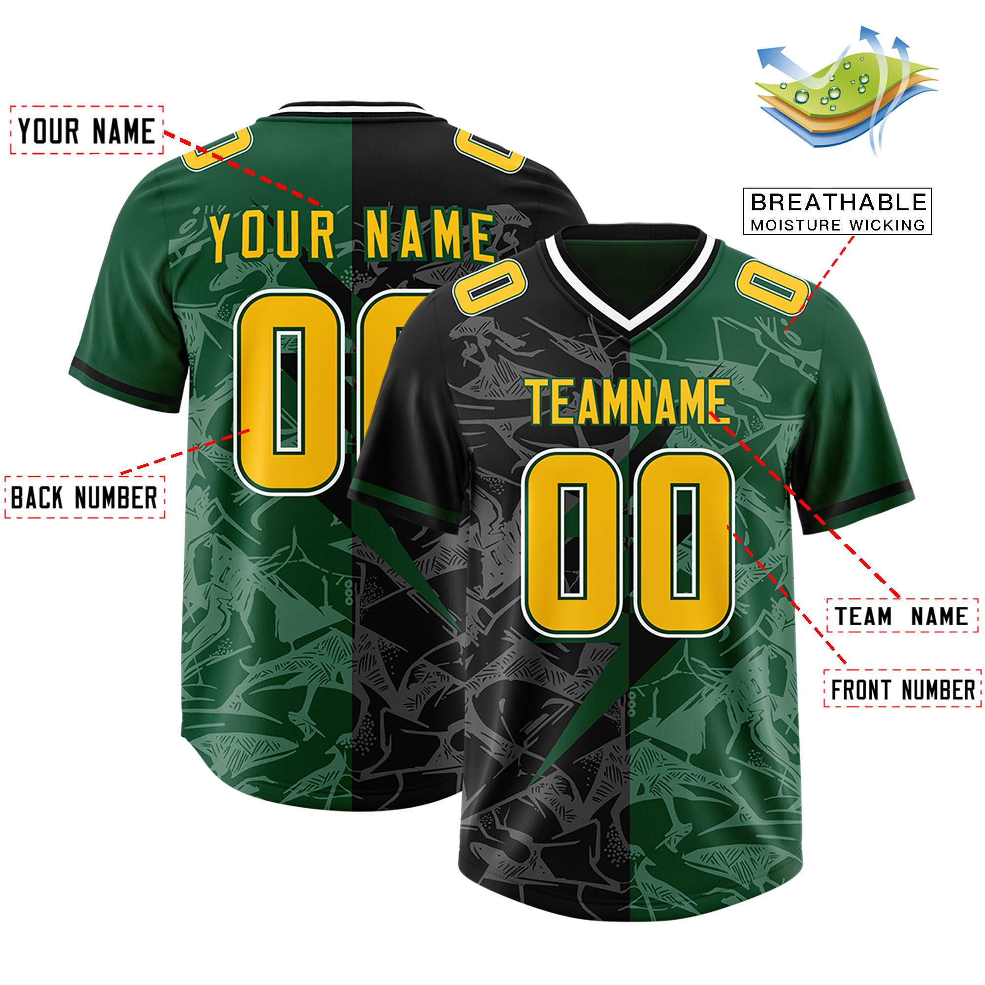 Custom Black Green Split Personalized Lightning Pattern American Football Jersey