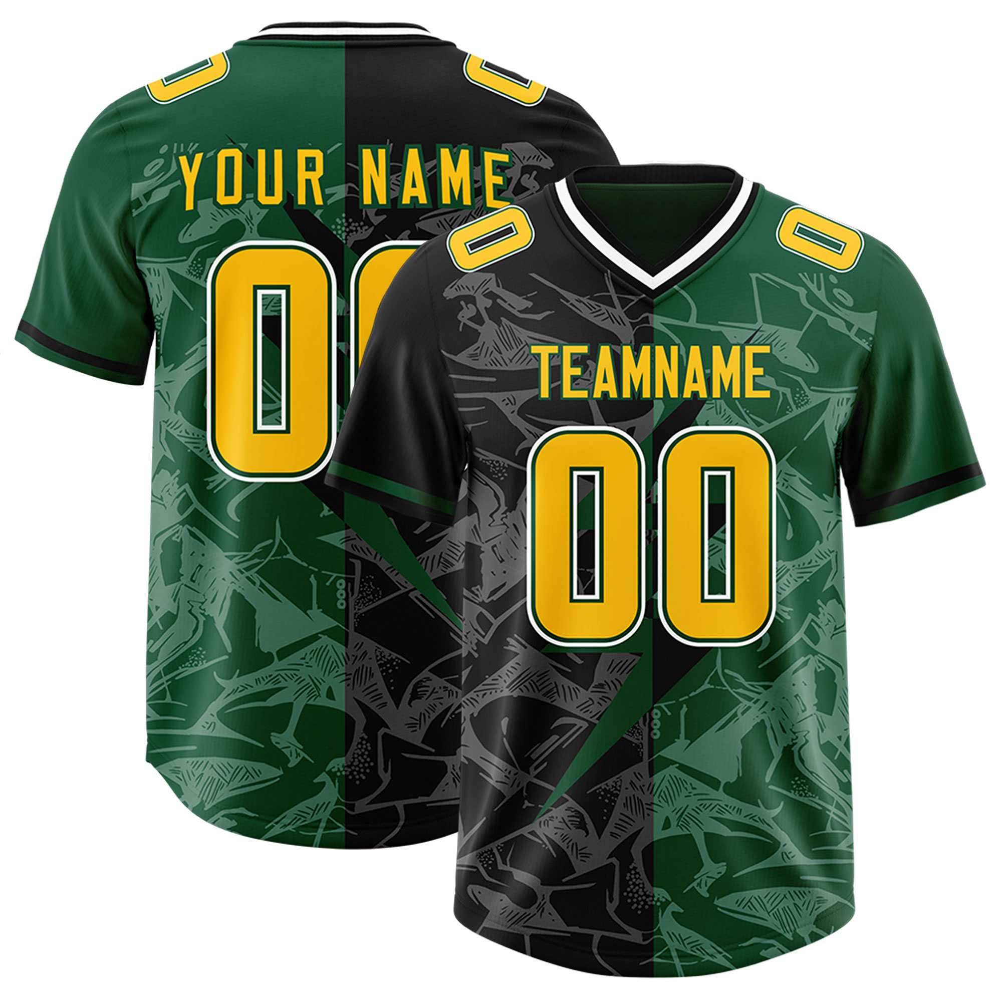 Custom Black Green Split Personalized Lightning Pattern American Football Jersey