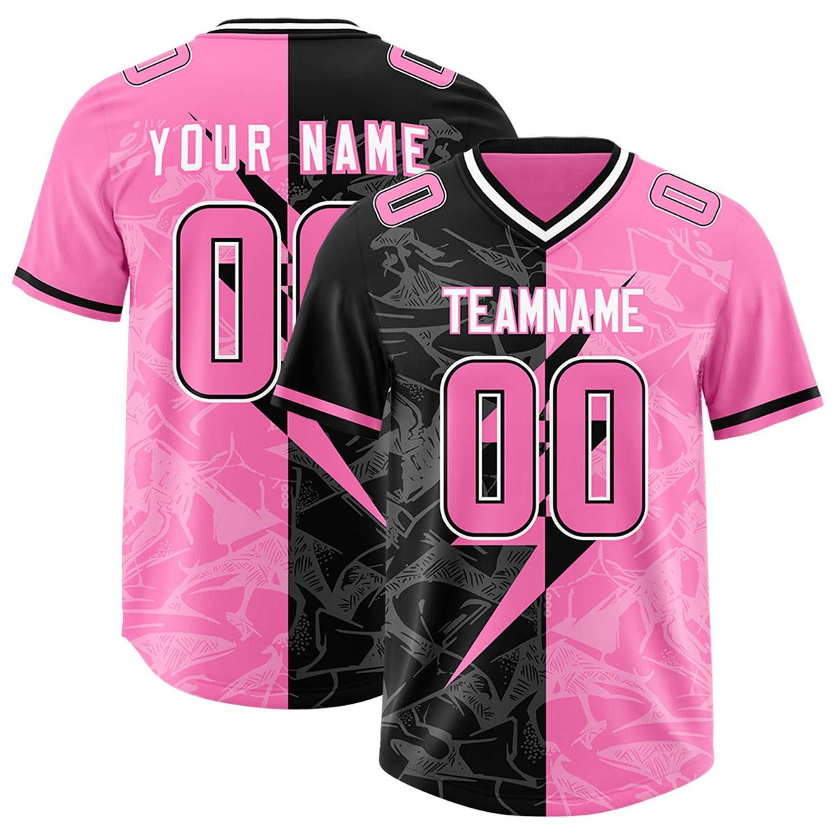 Custom Pink Black Split Personalized Lightning Pattern American Football Jersey