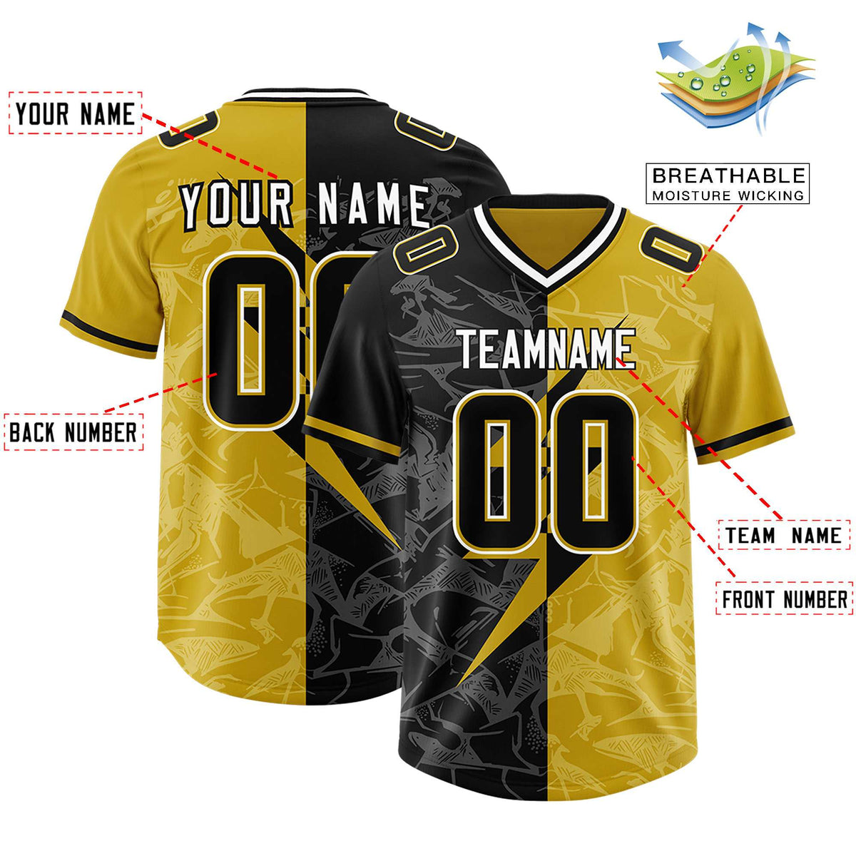Custom Old Gold Black Split Personalized Lightning Pattern American Football Jersey