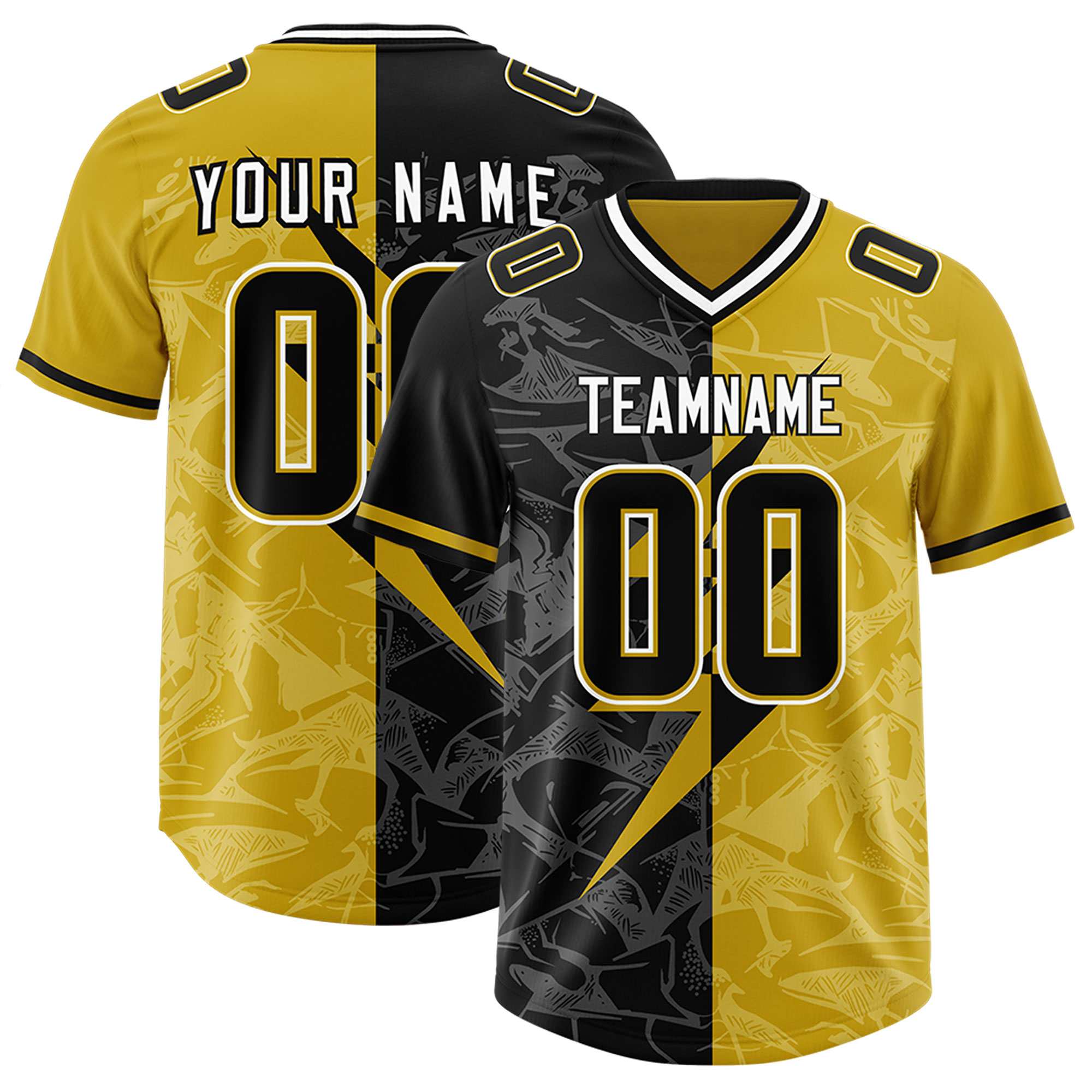 Custom Old Gold Black Split Personalized Lightning Pattern American Football Jersey