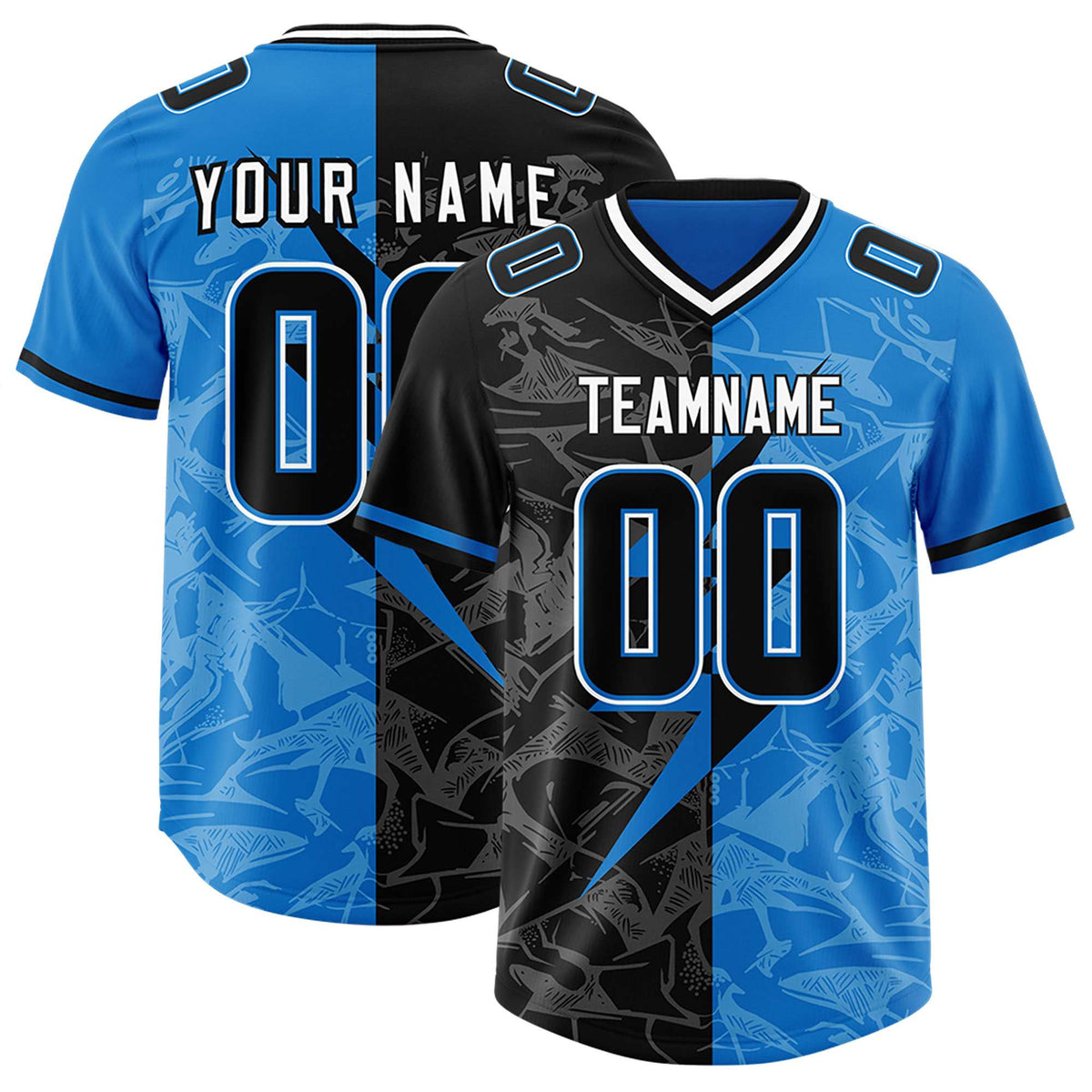 Custom Panther Blue Black Split Personalized Lightning Pattern American Football Jersey