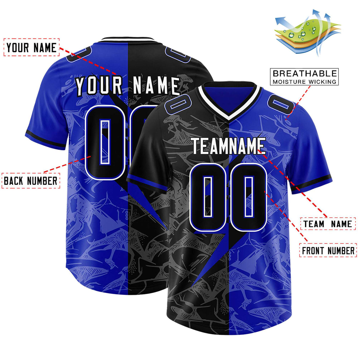 Custom Royal Black Split Personalized Lightning Pattern American Football Jersey