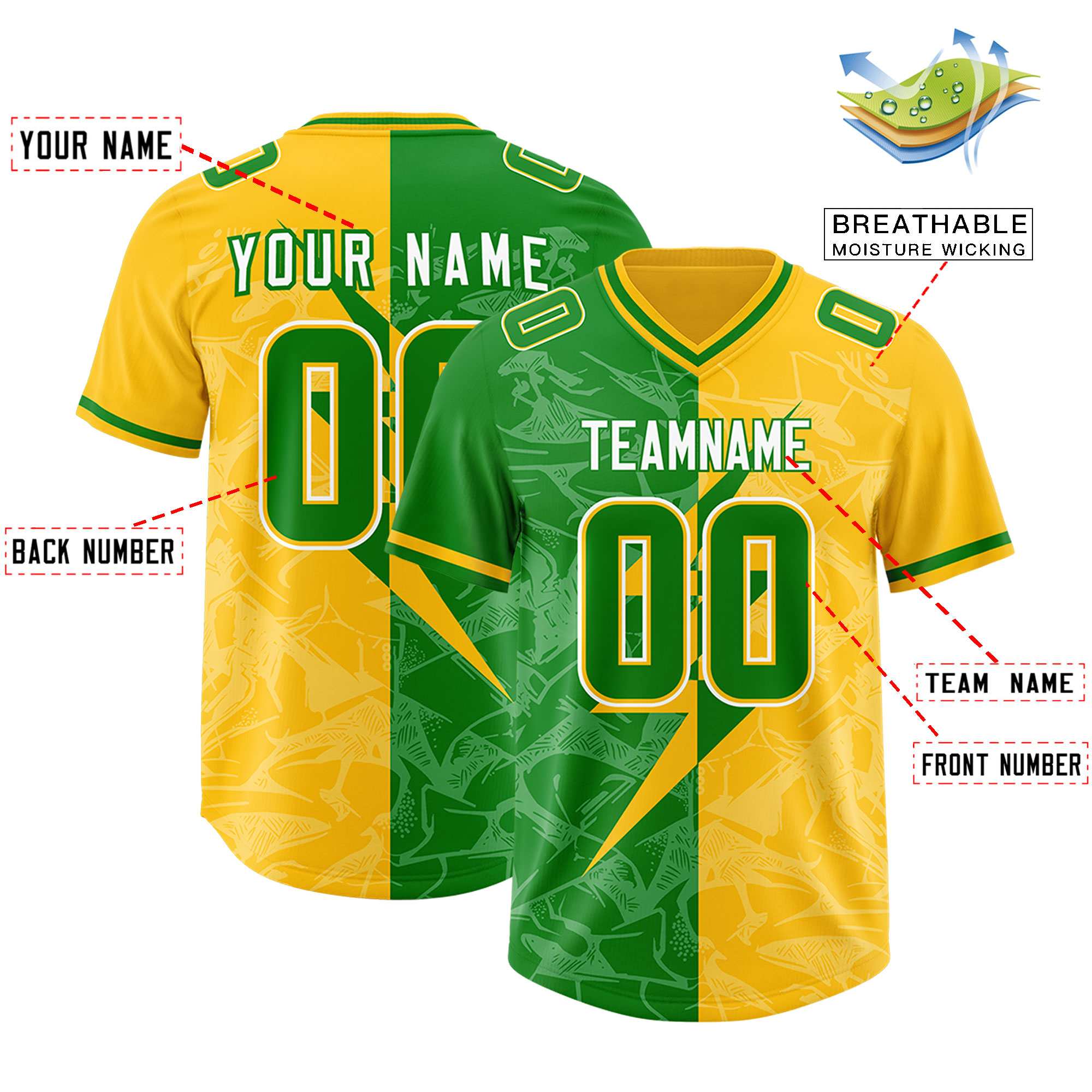 Custom Kelly Green Yellow Split Personalized Lightning Pattern American Football Jersey