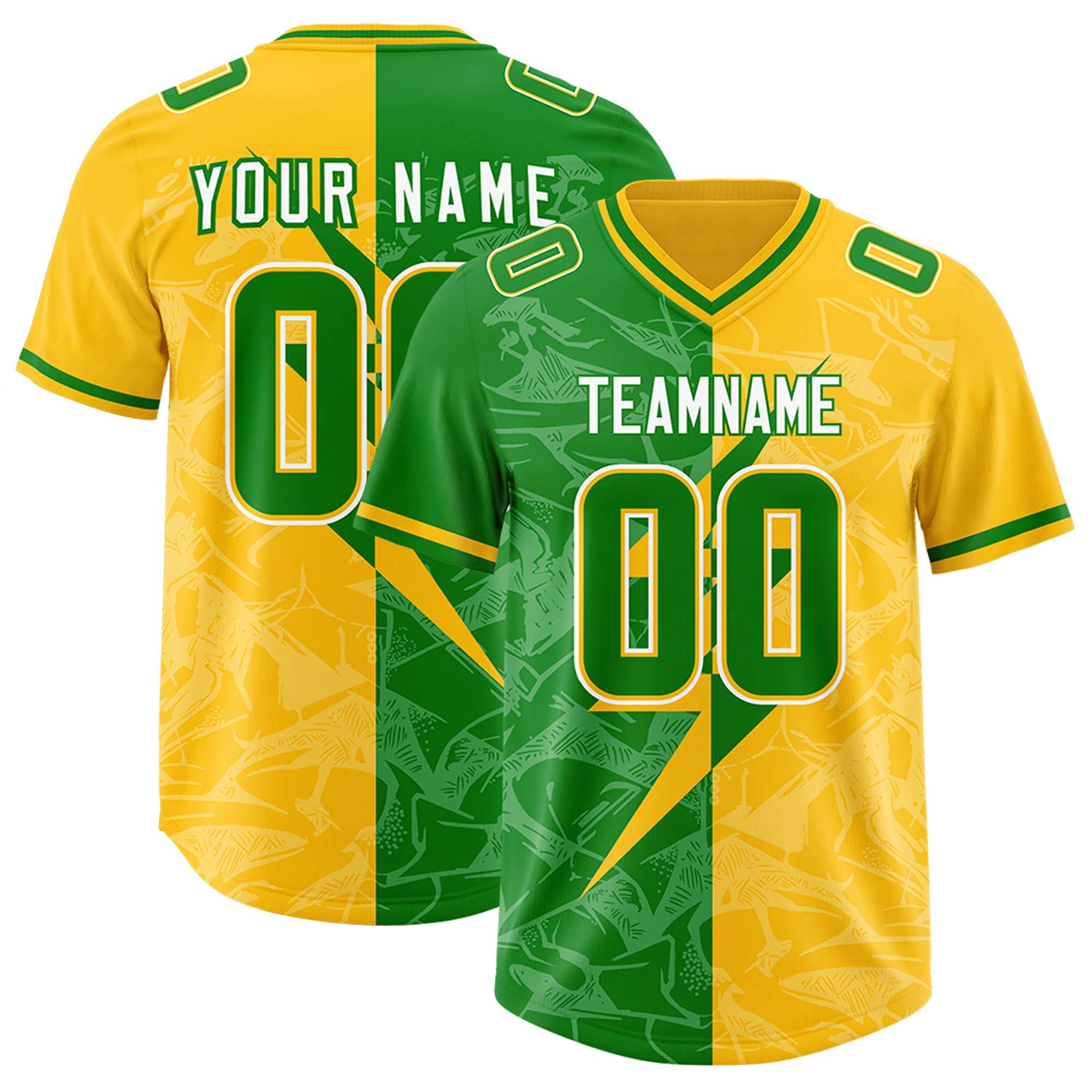 Custom Kelly Green Yellow Split Personalized Lightning Pattern American Football Jersey