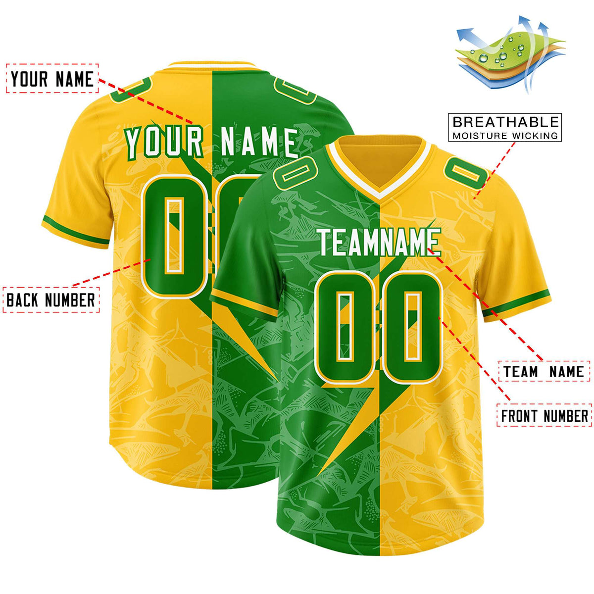 Custom Kelly Green Yellow Split Personalized Lightning Pattern American Football Jersey