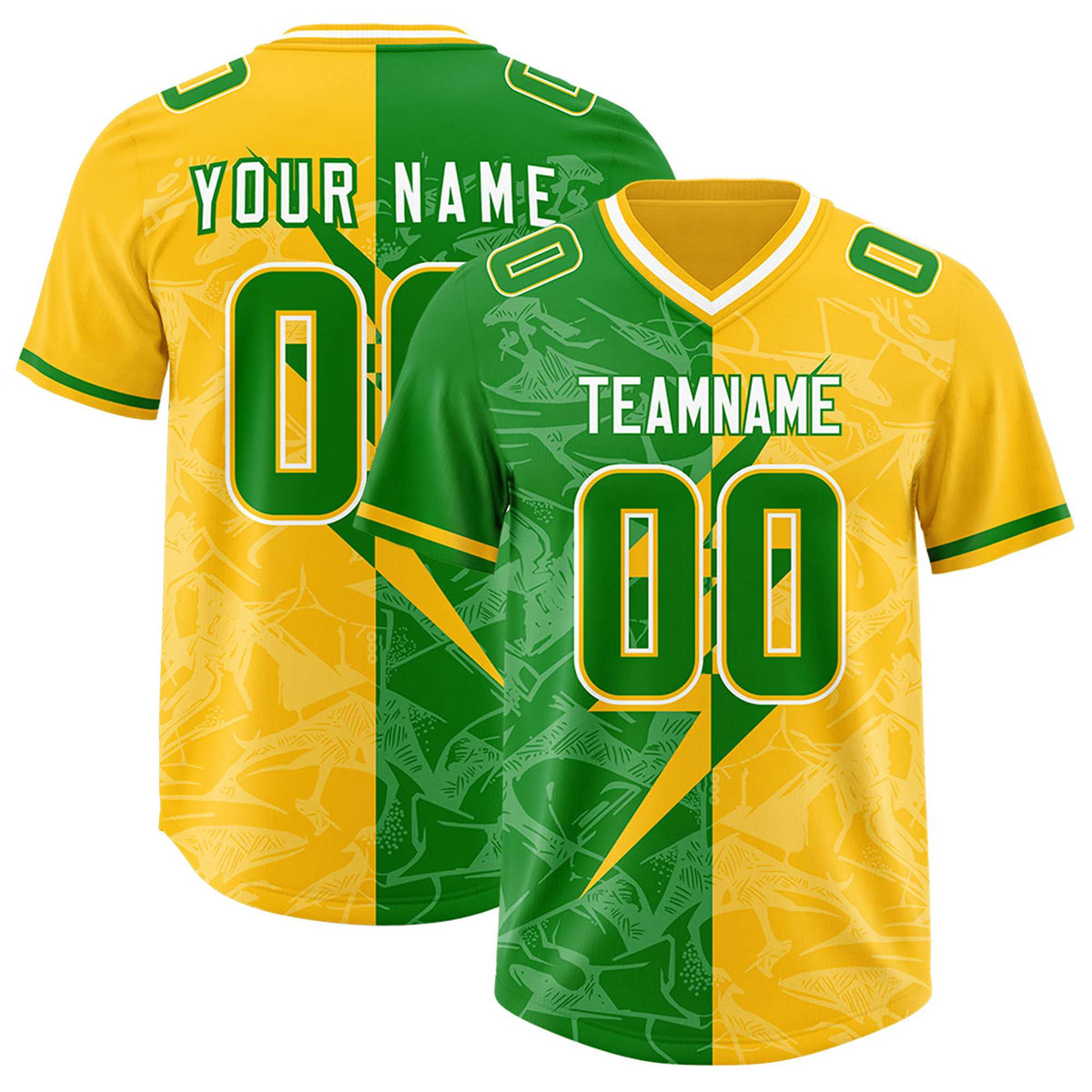 Custom Kelly Green Yellow Split Personalized Lightning Pattern American Football Jersey