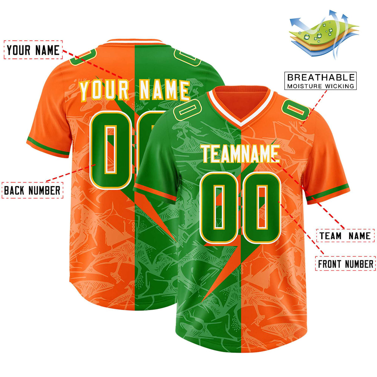 Custom Orange Kelly Green Split Personalized Lightning Pattern American Football Jersey