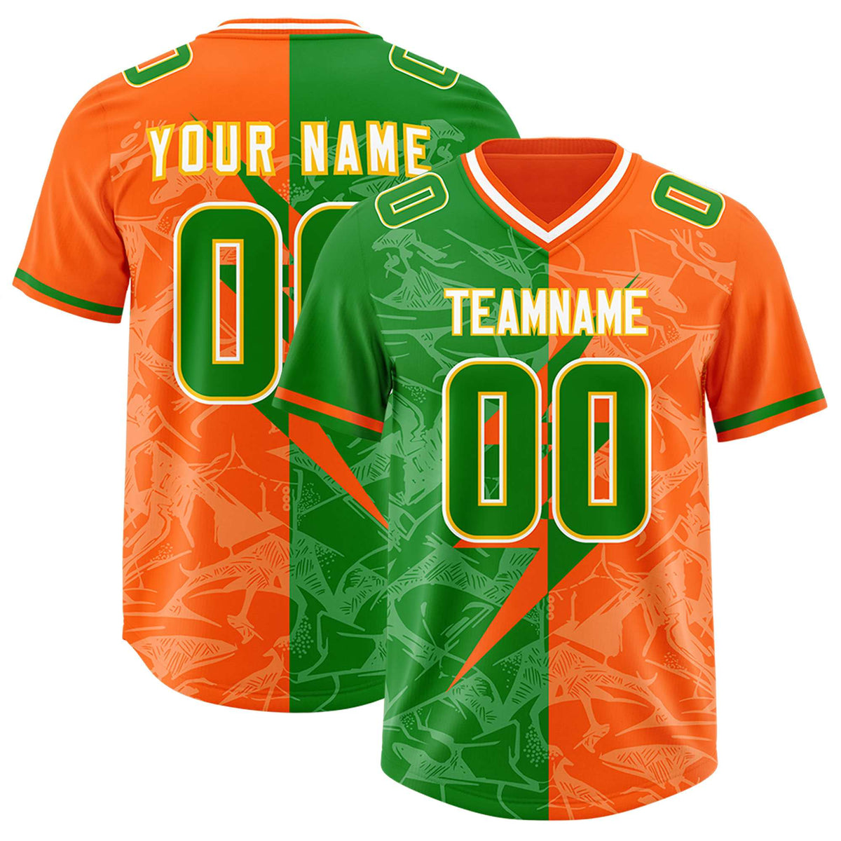 Custom Orange Kelly Green Split Personalized Lightning Pattern American Football Jersey