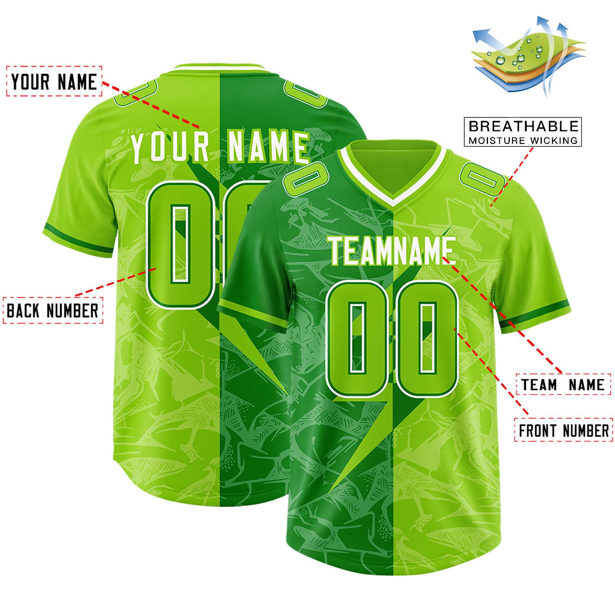 Custom Neon Green Kelly Green Split Personalized Lightning Pattern American Football Jersey