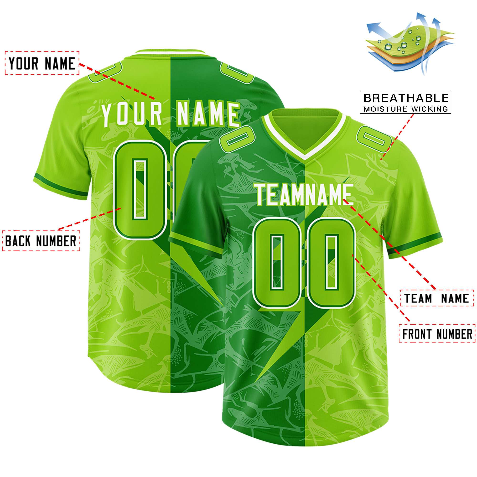 Custom Neon Green Kelly Green Split Personalized Lightning Pattern American Football Jersey