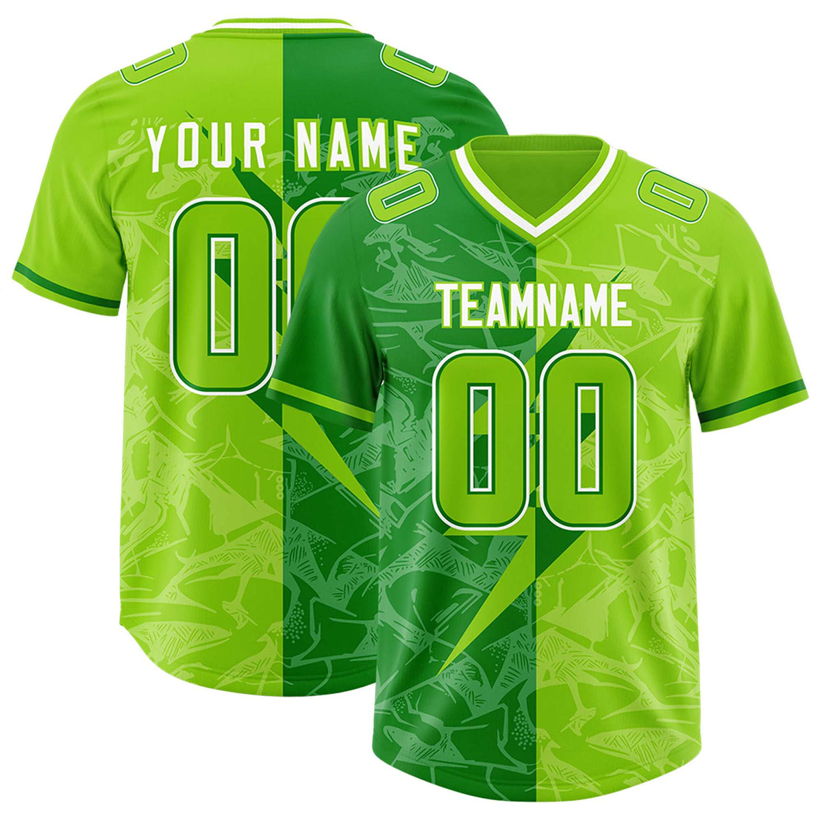 Custom Neon Green Kelly Green Split Personalized Lightning Pattern American Football Jersey