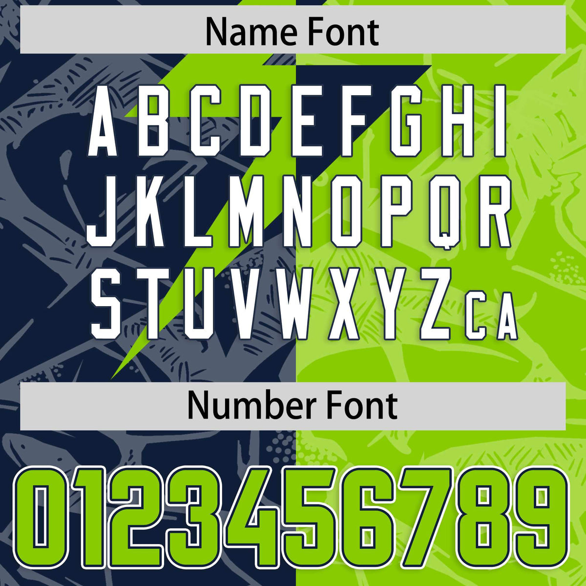 Custom Neon Green Navy Split Personalized Lightning Pattern American Football Jersey