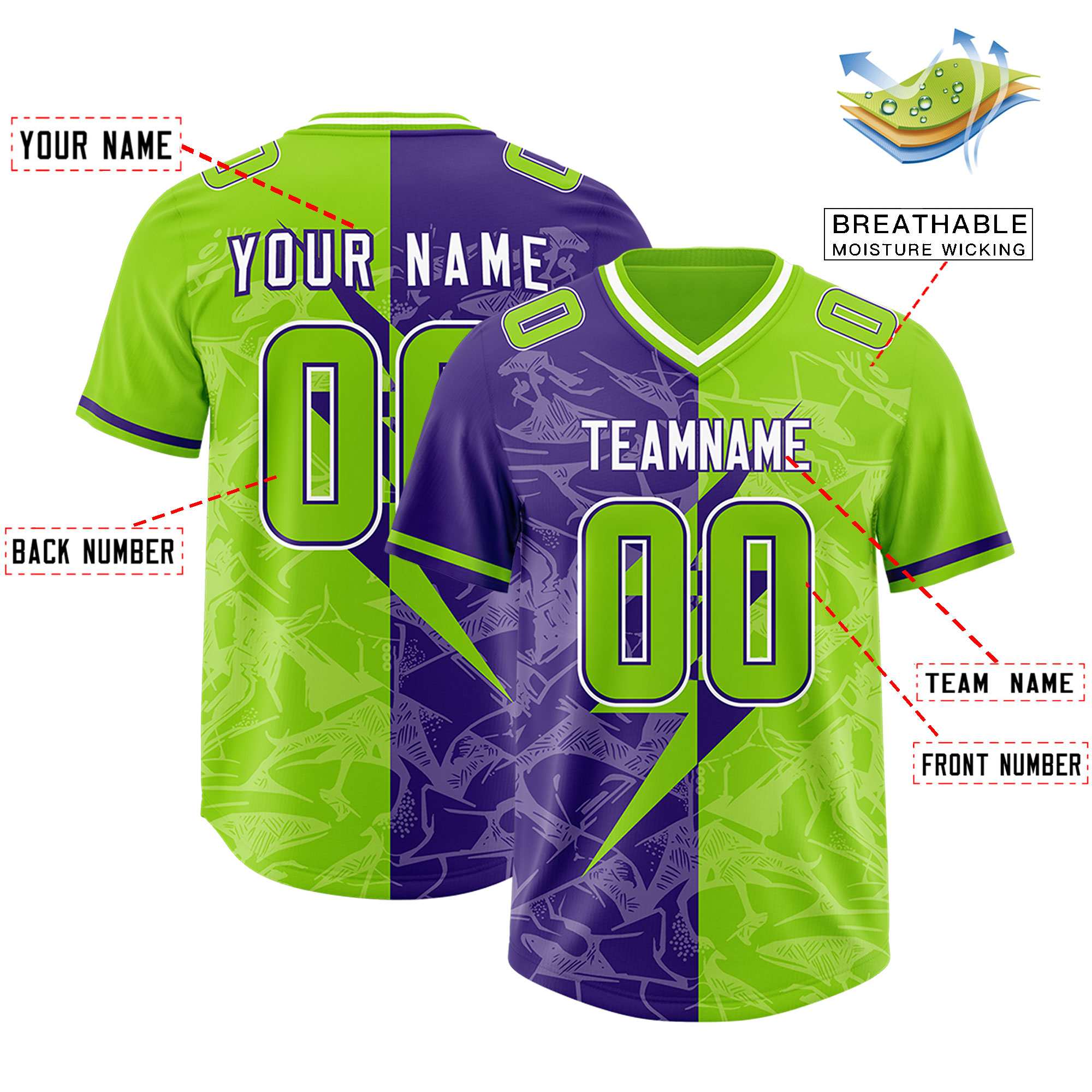 Custom Neon Green Purple Split Personalized Lightning Pattern American Football Jersey