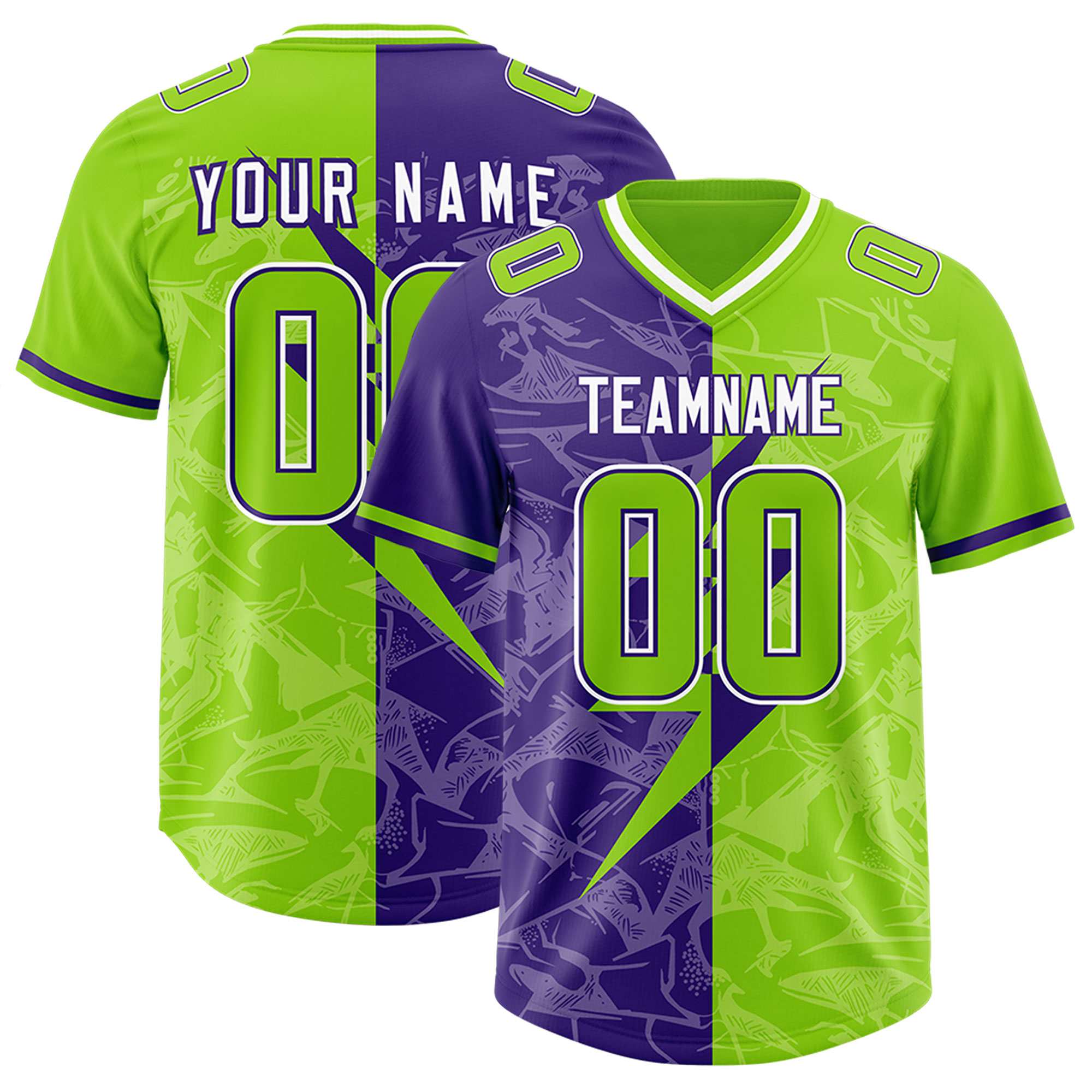 Custom Neon Green Purple Split Personalized Lightning Pattern American Football Jersey