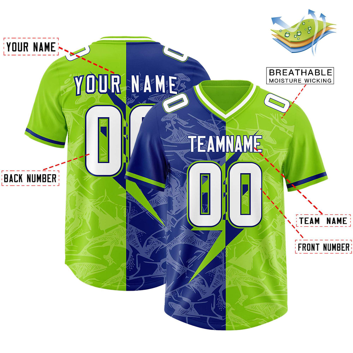 Custom Royal Neon Green Split Personalized Lightning Pattern American Football Jersey
