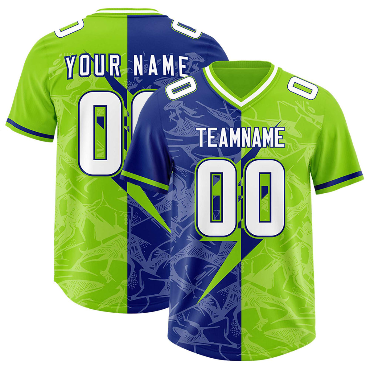 Custom Royal Neon Green Split Personalized Lightning Pattern American Football Jersey